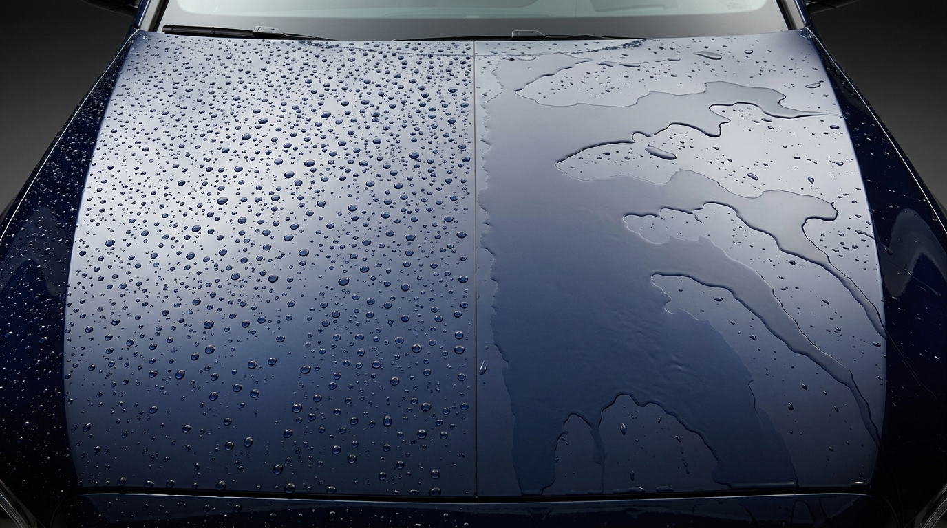 Water beading tightly on one half of a bonnet where the coating is working, and lying flat on the other half where it has stopped